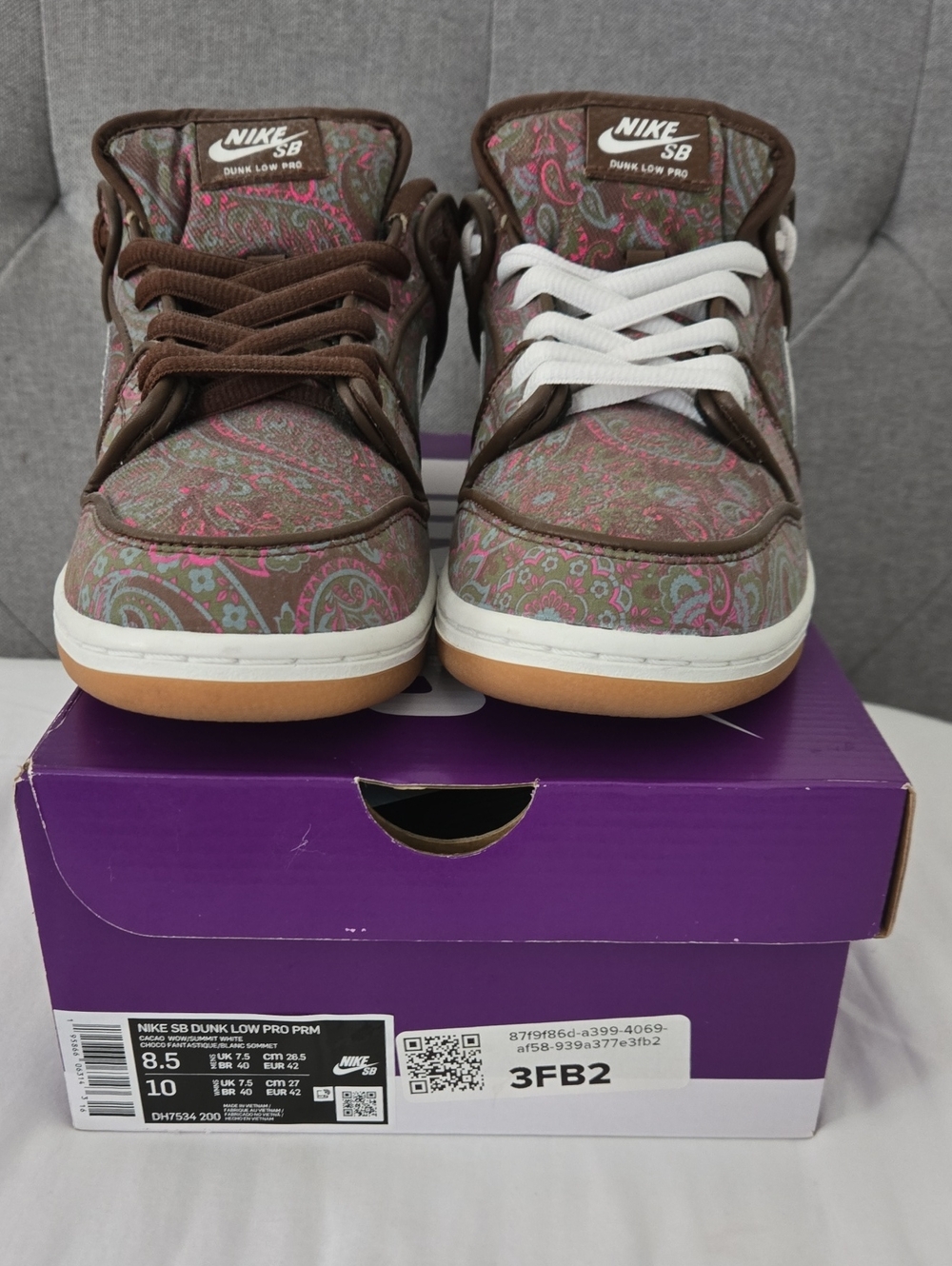 Nike SB Dunk Low Pro — Brown Paisley with Pink and Green Accents